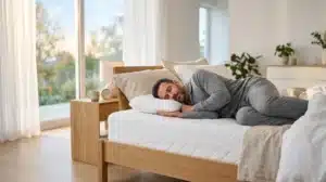 גבר ישן על הצד על מזרן איכותי עם עמוד שדרה מיושר