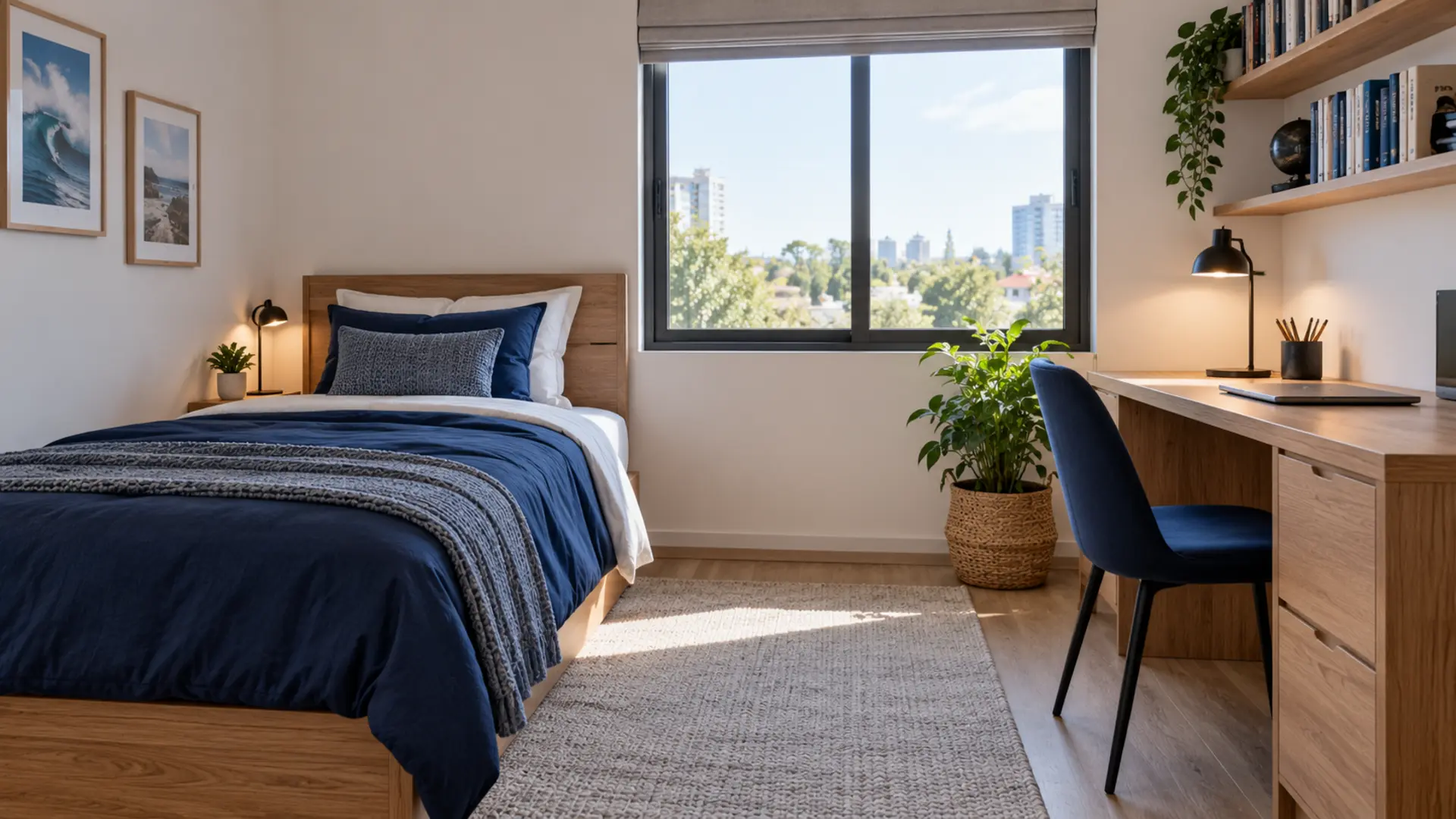 חדר נוער עם מיטת יחיד מוצעת ושולחן עבודה